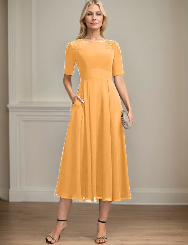 A-line Scoop Tea-Length Chiffon Mother of the Bride Dress With Appliques Lace Sequins