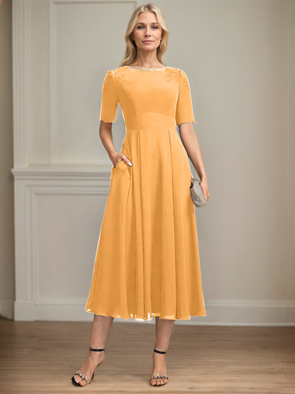 A-line Scoop Tea-Length Chiffon Mother of the Bride Dress With Appliques Lace Sequins