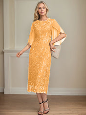 Sheath/Column Scoop Tea-Length Lace Chiffon Mother of the Bride Dress