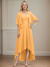 A-line V-Neck Asymmetrical Chiffon Mother of the Bride Dress With Beading Sequins