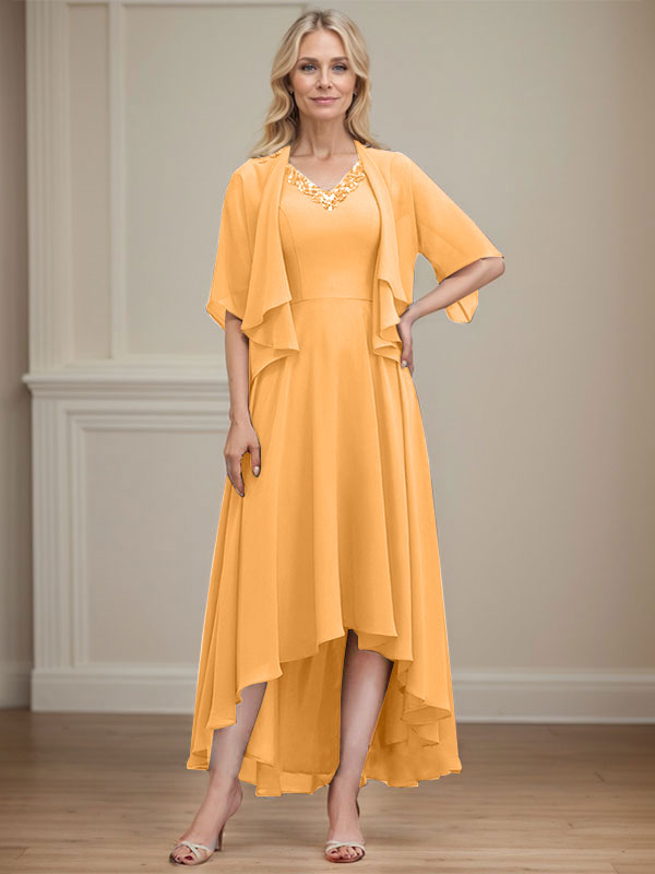 A-line V-Neck Asymmetrical Chiffon Mother of the Bride Dress With Beading Sequins