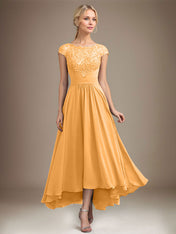 A-line Scoop Illusion Asymmetrical Lace Chiffon Mother of the Bride Dress With Pleated