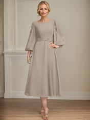 A-line Scoop Tea-Length Chiffon Mother of the Bride Dress With Crystal Brooch Pleated