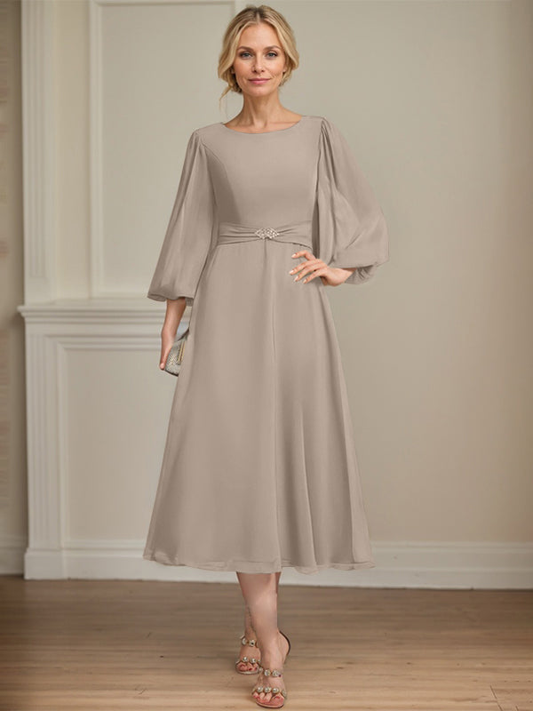 A-line Scoop Tea-Length Chiffon Mother of the Bride Dress With Crystal Brooch Pleated