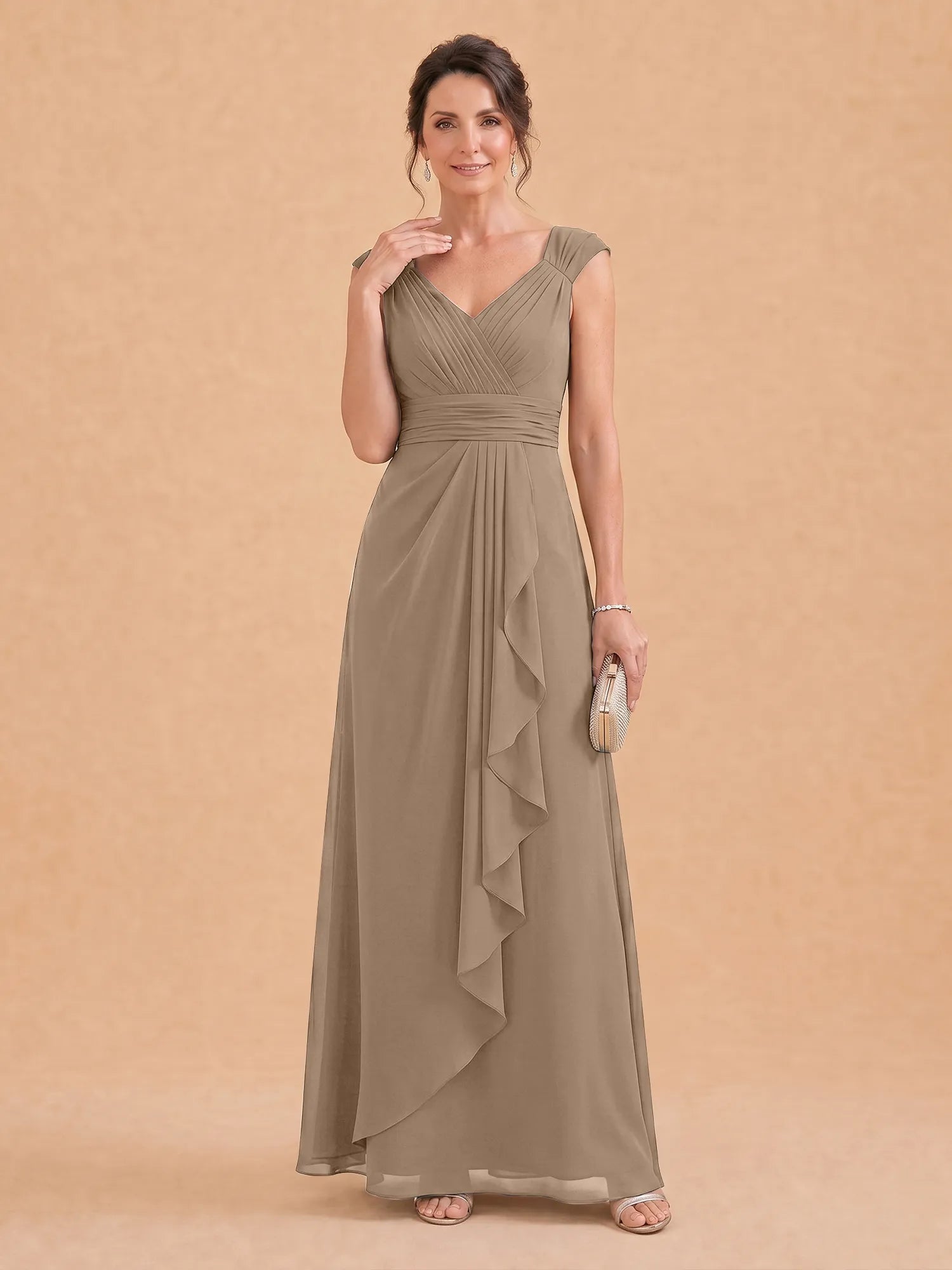 V-Neck Ruched Chiffon A-Line Mother of the Bride Dress with Cascading Ruffle