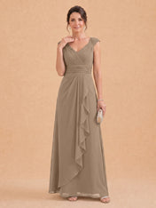 V-Neck Ruched Chiffon A-Line Mother of the Bride Dress with Cascading Ruffle