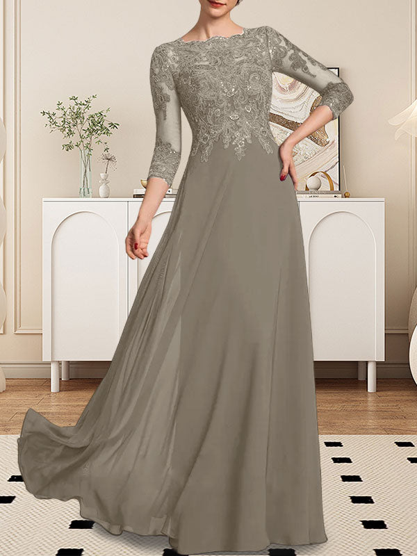 A-line Scoop Floor-Length Lace Chiffon Mother of the Bride Dress With Sequins