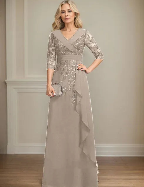Robe de mère de la mariée trapèze, col en V, longueur au sol, en mousseline de soie et dentelle, avec volants en cascade et paillettes 