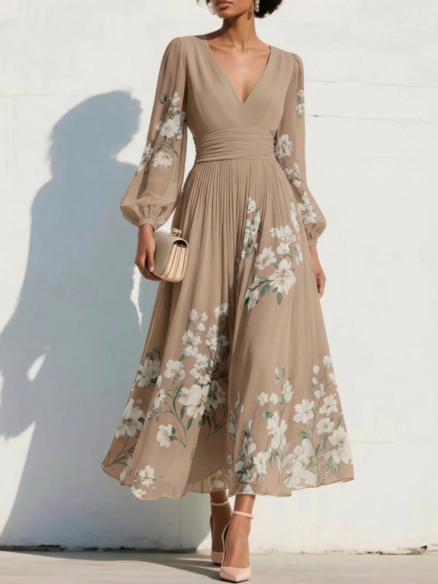 Elegant Floral V-Neck Pleated Midi Dress with Long Sleeves