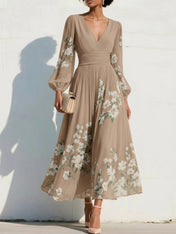 Elegant Floral V-Neck Pleated Midi Dress with Long Sleeves