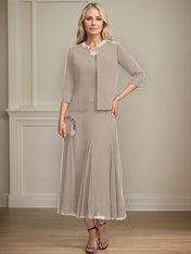 Separates A-line Scoop Tea-Length Chiffon Mother of the Bride Dress With Sequins Beading