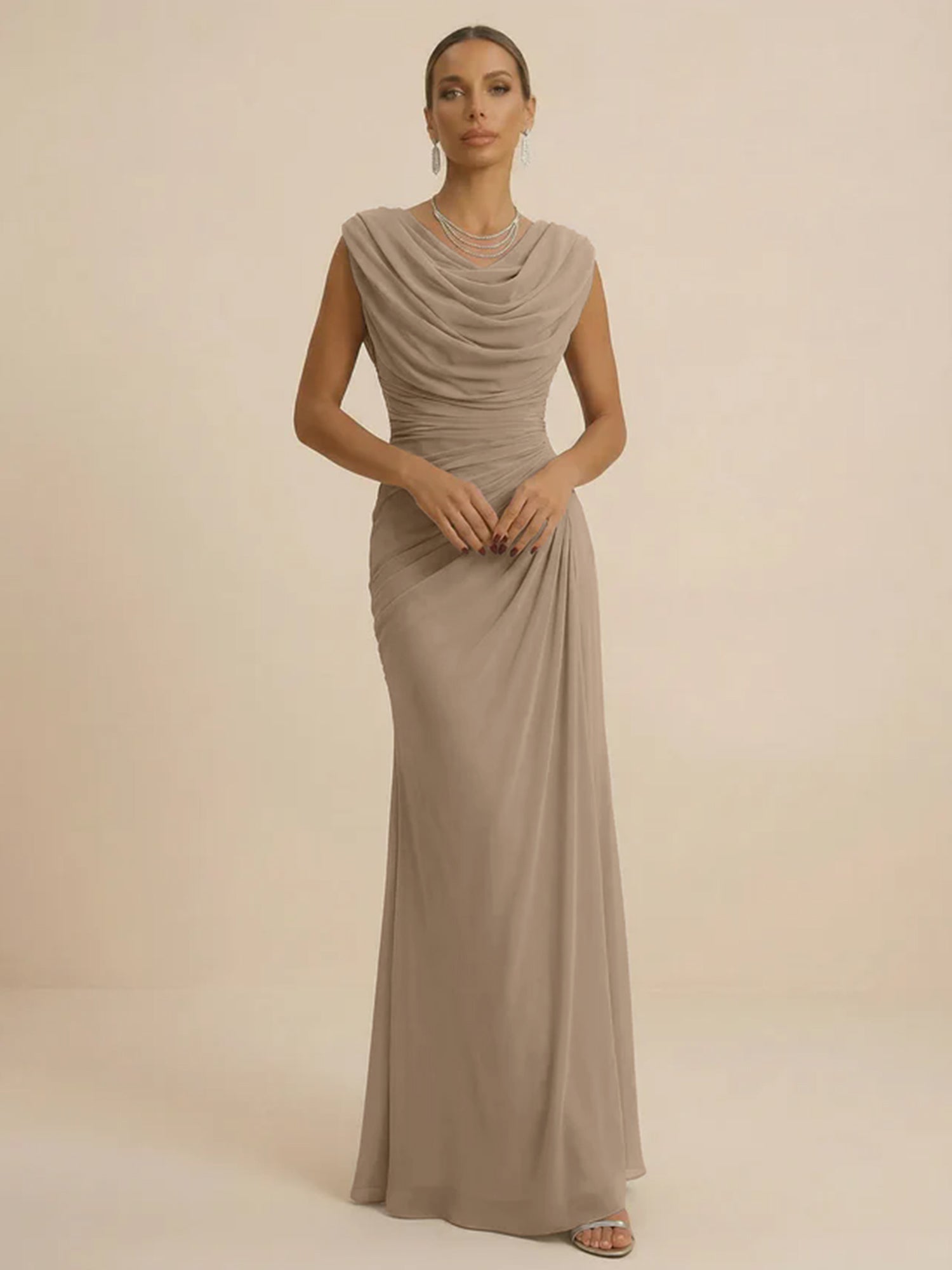 Dusty Grey Draped Cowl Neck Ruched Chiffon Evening Dresses