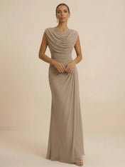 Dusty Grey Draped Cowl Neck Ruched Chiffon Evening Dresses