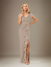 Sheath/Column V Neck Short Sleeve Floor Length Chiffon Dress With Cascading Ruffles