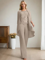 Separates Jumpsuit/Pantsuit Scoop Floor-Length Chiffon Lace Mother of the Bride Dress With Beading Sequins