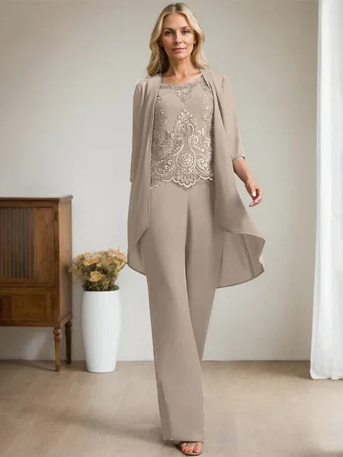 Pantsuit Scoop Floor-Length Chiffon Lace Mother of the Bride Dress With Beading Sequins