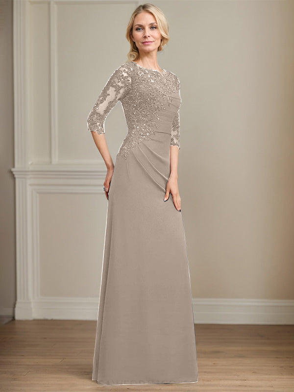 A-line Scoop Floor-Length Chiffon Lace Mother of the Bride Dress With Beading Pleated Sequins