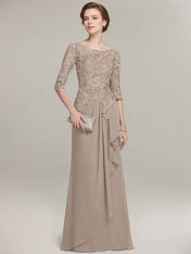 A-line Scoop Illusion Floor-Length Lace Chiffon Mother of the Bride Dress With Cascading Ruffles