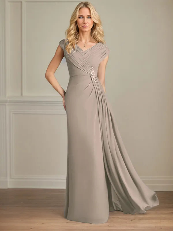 Column Chiffon V Neck Sleeveless Floor Length Mother of the Bride Dresses
