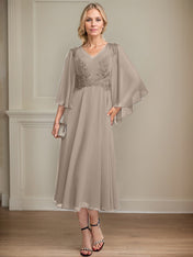 A-line V-Neck Tea-Length Chiffon Lace Mother of the Bride Dress With Beading Sequins