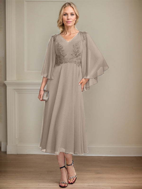 A-line V-Neck Tea-Length Chiffon Lace Mother of the Bride Dress With Beading Sequins