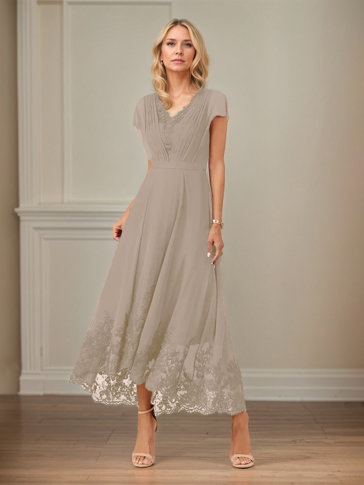 A Line V Neck Flutter Sleeve Ankle Length Chiffon Dress With Appliques