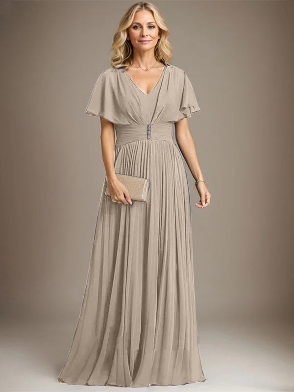A-line V-Neck Floor-Length Chiffon Mother of the Bride Dress With Crystal Brooch Pleated