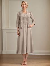 A-line Scoop Tea-Length Lace Chiffon Mother of the Bride Dress