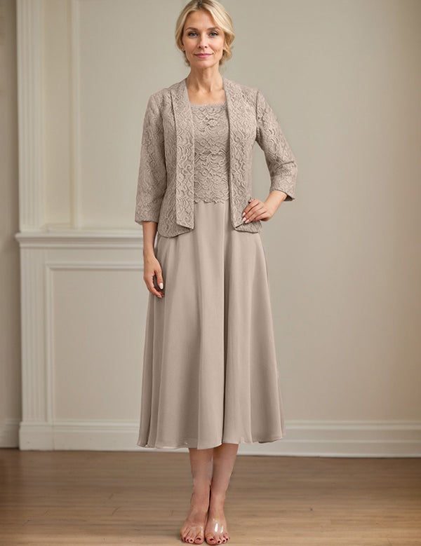 A-line Scoop Tea-Length Lace Chiffon Mother of the Bride Dress