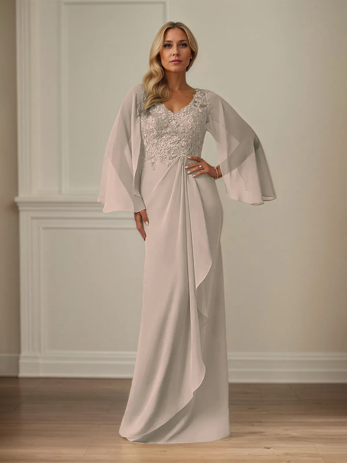Column Chiffon V Neck Long Sleeves Floor Length Mother of the Bride Dresses With Appliques