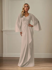Sheath/Column Chiffon V Neck Long Sleeves Floor Length Mother of the Bride Dresses With Appliques
