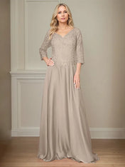 A Line Chiffon V Neck 3/4 Sleeves Floor-Length Mother Of The Bride Dress With Appliques