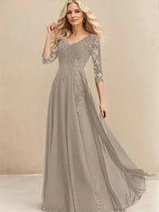A-line V-Neck Floor-Length Lace Chiffon Mother of the Bride Dress With Sequins