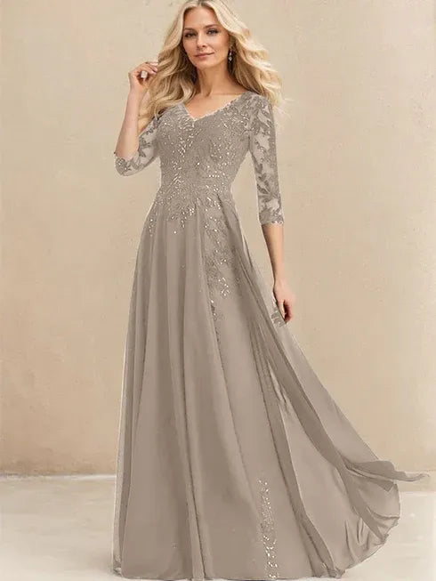 A-line V-Neck Floor-Length Lace Chiffon Mother of the Bride Dress With Sequins