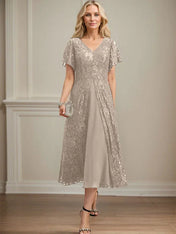 A-line V-Neck Tea-Length Lace Chiffon Mother of the Bride Dress