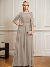 A-line Scoop Illusion Floor-Length Lace Chiffon Mother of the Bride Dress With Pleated