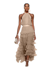 A Line Pink Chiffon Halter Neck Sleeveless Ankle Length Dress With Cascading Ruffles