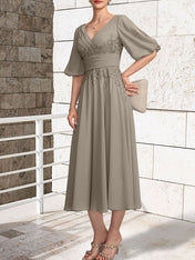 A-line V-Neck Tea-Length Lace Chiffon Mother of the Bride Dress With Pleated