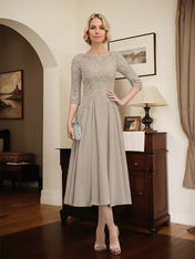 A-line Scoop Illusion Tea-Length Chiffon Lace Mother of the Bride Dress With Beading Sequins