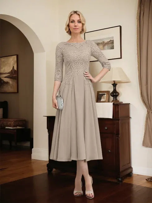 A-line Scoop Illusion Tea-Length Chiffon Lace Mother of the Bride Dress With Beading Sequins