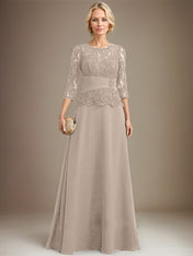 A-line Scoop Illusion Floor-Length Chiffon Lace Mother of the Bride Dress With Pleated Sequins Beading