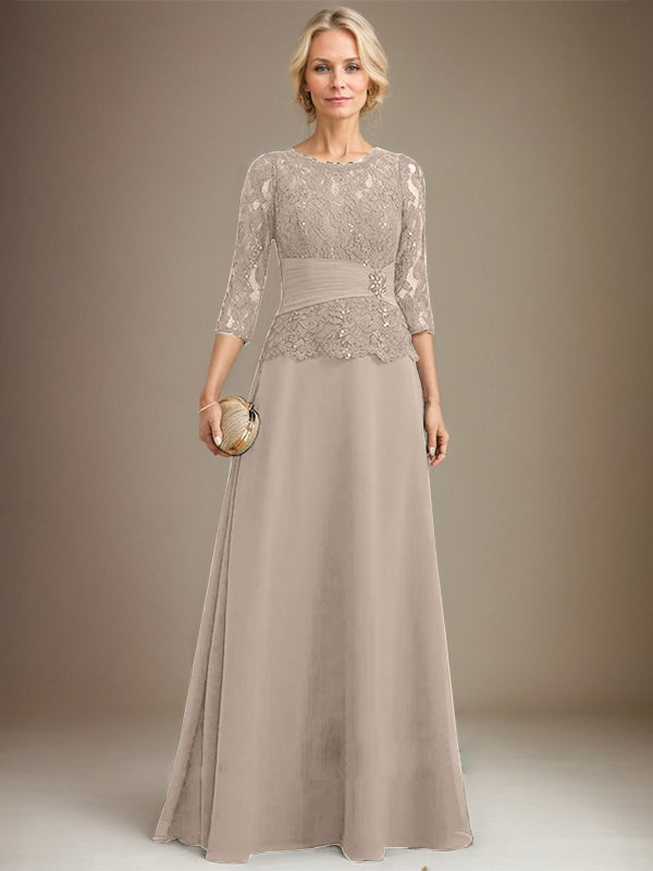 A-line Scoop Illusion Floor-Length Chiffon Lace Mother of the Bride Dress With Pleated Sequins Beading