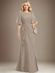 A-line Scoop Floor-Length Chiffon Mother of the Bride Dress With Cascading Ruffles Beading Sequins