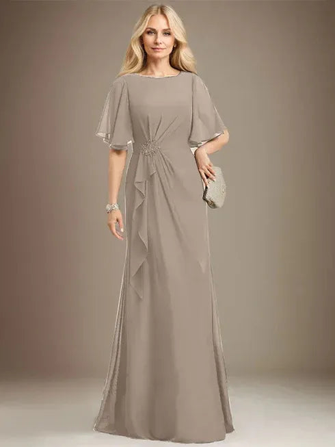 A-line Scoop Floor-Length Chiffon Mother of the Bride Dress With Cascading Ruffles Beading Sequins