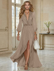 Elegant Beige Chiffon V-neck With Rhinestone Embellishments And A Side Slit Maxi Dress