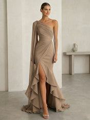 Glamorous Midnight Navy Formal Evening Dress One-Shoulder Ruched Cape Gown