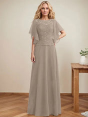 A-line Scoop Illusion Floor-Length Lace Chiffon Mother of the Bride Dress With Sequins