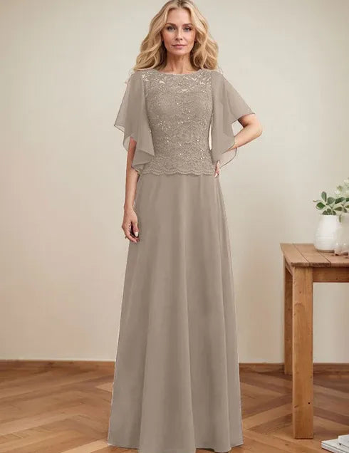 A-line Scoop Illusion Floor-Length Lace Chiffon Mother of the Bride Dress With Sequins