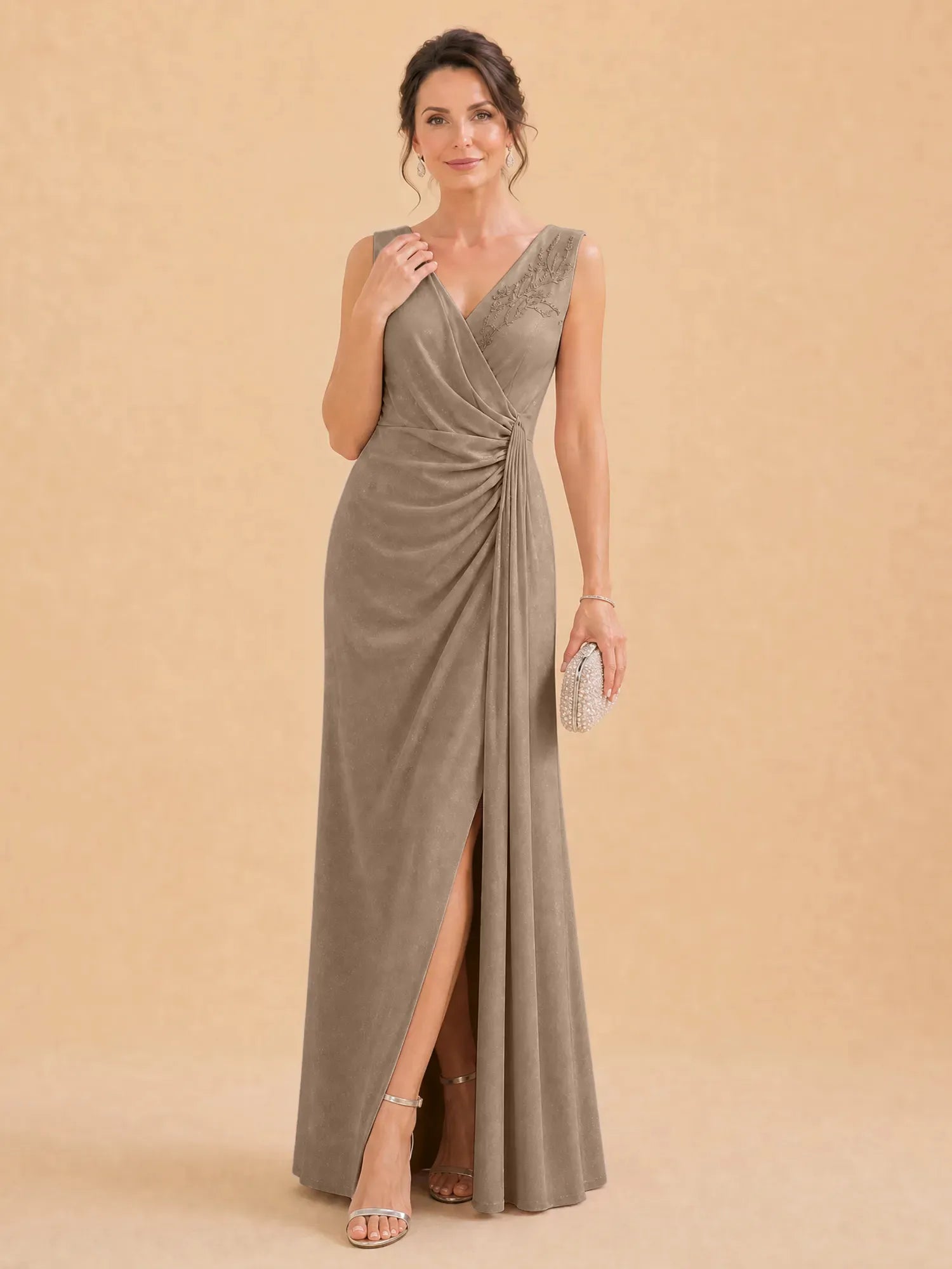 V-Neck Faux-Wrap Evening Gown with Side Draping Mother of The Bride Dresses
