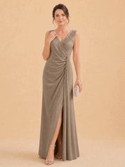 V-Neck Faux-Wrap Evening Gown with Side Draping Mother of The Bride Dresses